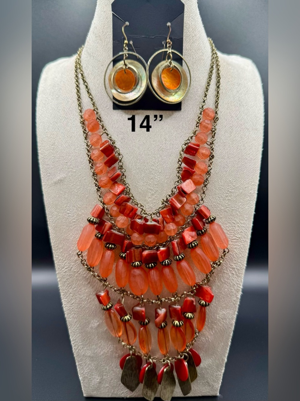 Statement Coral Bead Multi-Strand Necklace with Drop Earrings - Coral